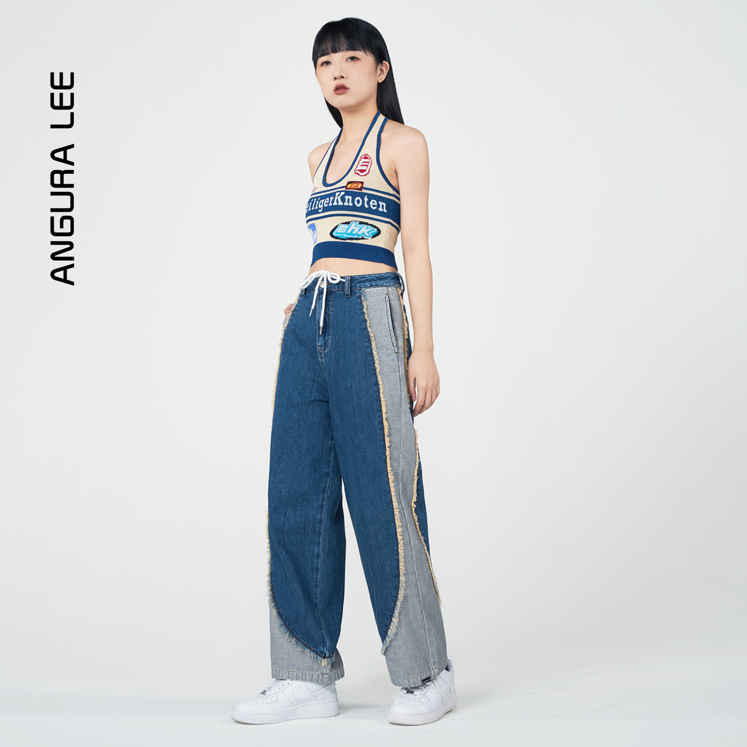 春夏經(jīng)典水洗復(fù)古藍女裝牛仔高腰直筒闊腿