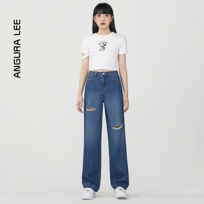 春夏新款經(jīng)典水洗復(fù)古藍割爛女裝高腰直筒褲